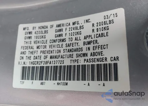 2015 Honda Accord Lx из США, поврежденный, VIN 1HGCR2F38FA137725